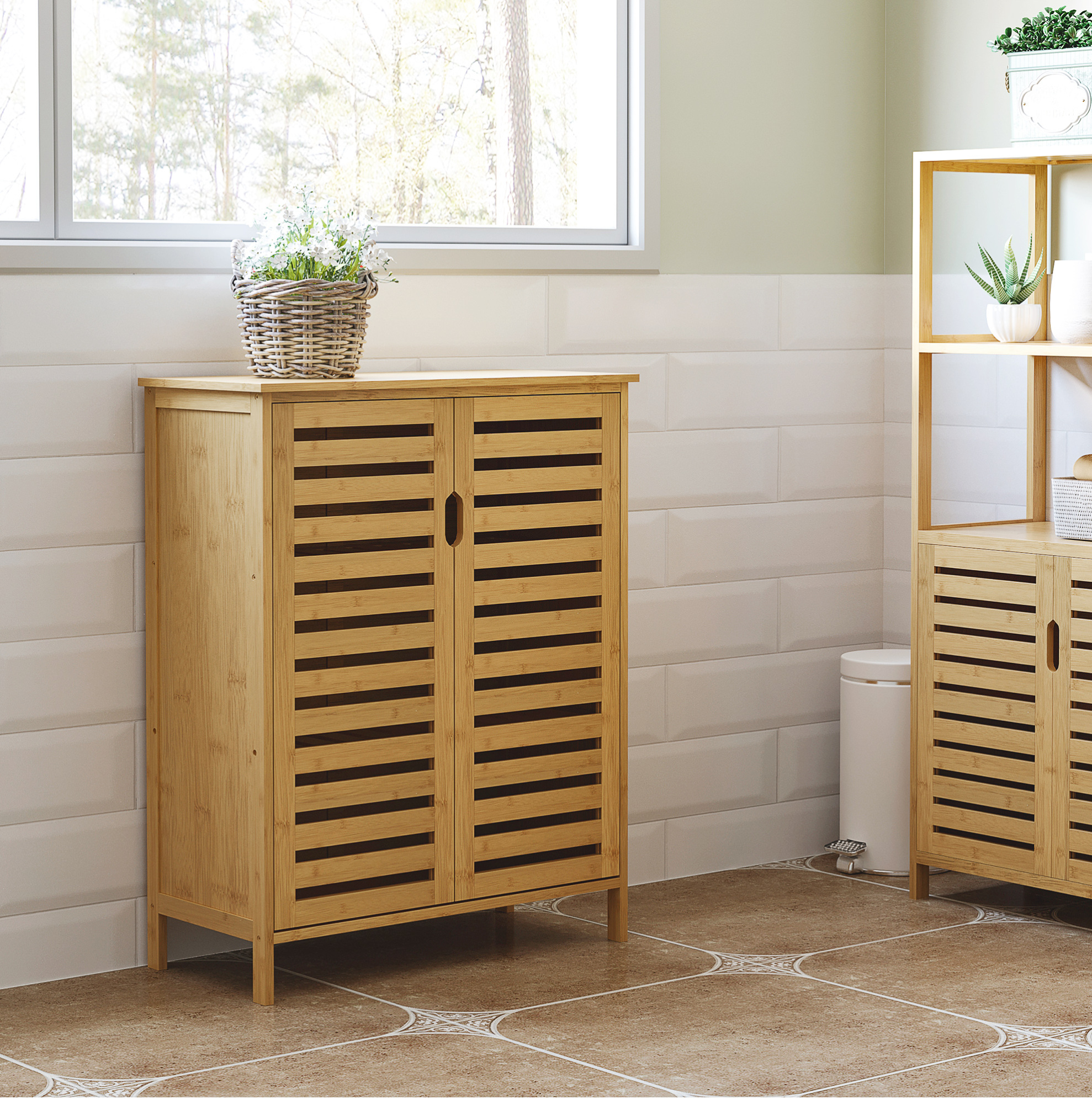 Bambus-badezimmerschrank Mit 2 Türen Und 2 Ablagen 68 X 32 X 86 Cm Havrya