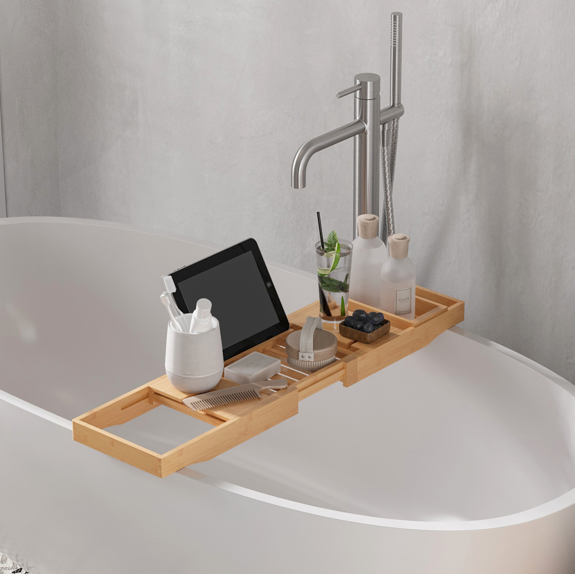 Verstellbares Bambus-badewannenbrett 70–105 Cm Mit Edelstahlhalterung Havrya