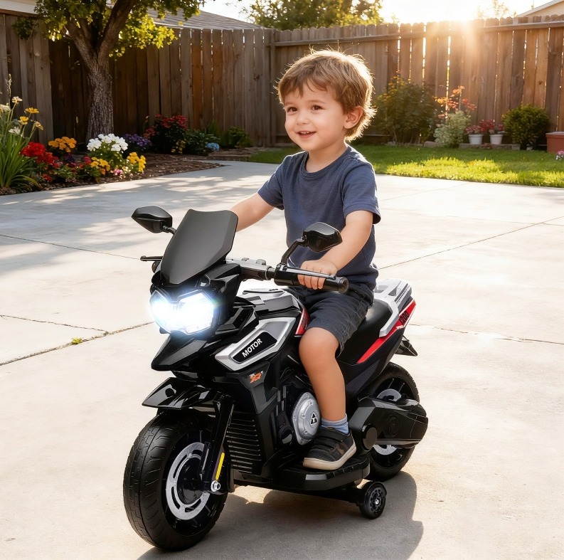 Elektrisches Kinder-motorrad 18–36 Monate, Schwarz, Mit Stützrädern, Licht & Musik Havrya