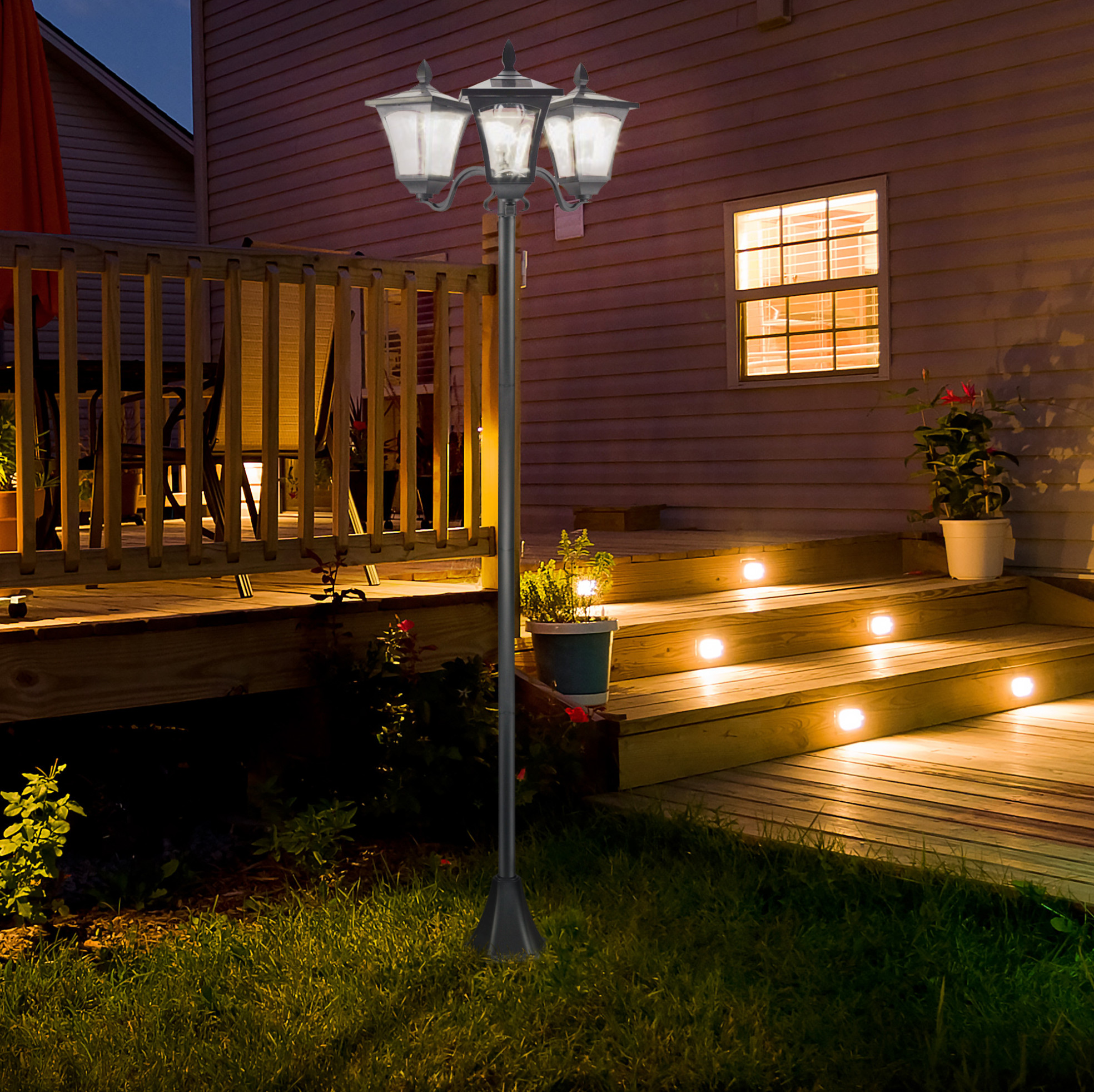 Solar-gartenlaterne Mit 3 Led-köpfen, 120 Lumen, Ip44, Schwarz, 51,5 X 47 X 182,5 Cm Havrya