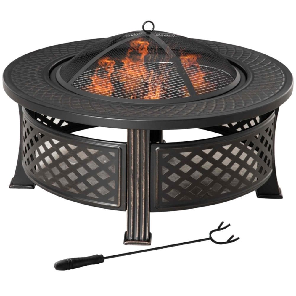 Rundes Gartenfeuer Aus Stahl 81 X 81 X 50 Cm, Schwarz, Mit Funkenschutz Und Schürhaken Havrya