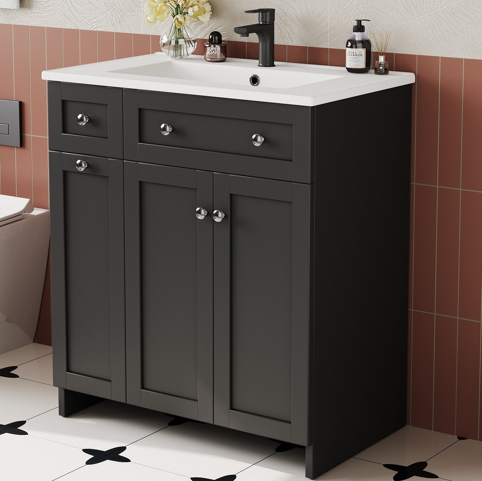 Waschbeckenunterschrank 76 X 47 X 86 Cm Aus Keramik Und Mdf, Schwarz Havrya