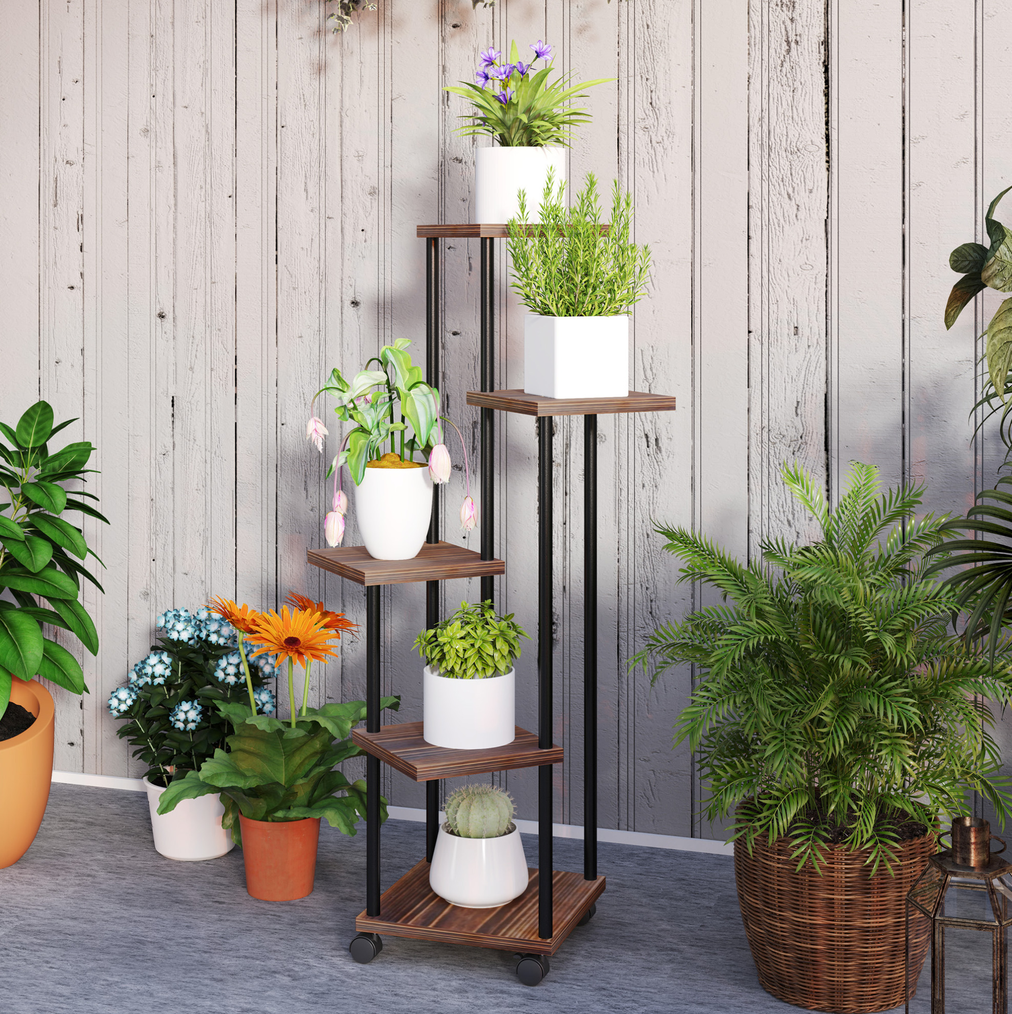 5-stufiges Pflanzenregal Mit Rollen, 59 X 59 X 110 Cm, Stahl Und Holz, Schwarz Havrya