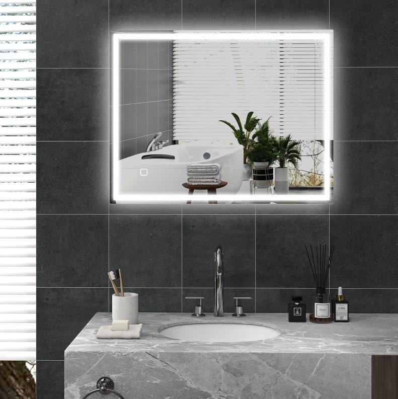 Led-badezimmerspiegel 90x70 Cm Mit Beleuchtung, Antibeschlag, 3 Lichtfarben, Silber