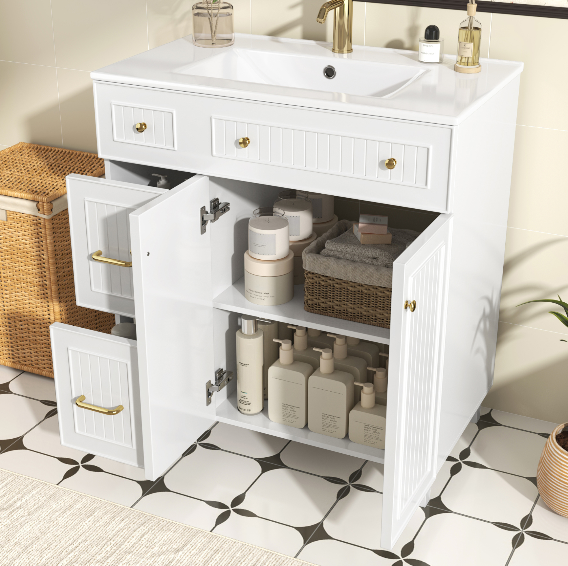 Badezimmerschrank Mit Keramikwaschbecken 81,7 Cm, Weiß Havrya