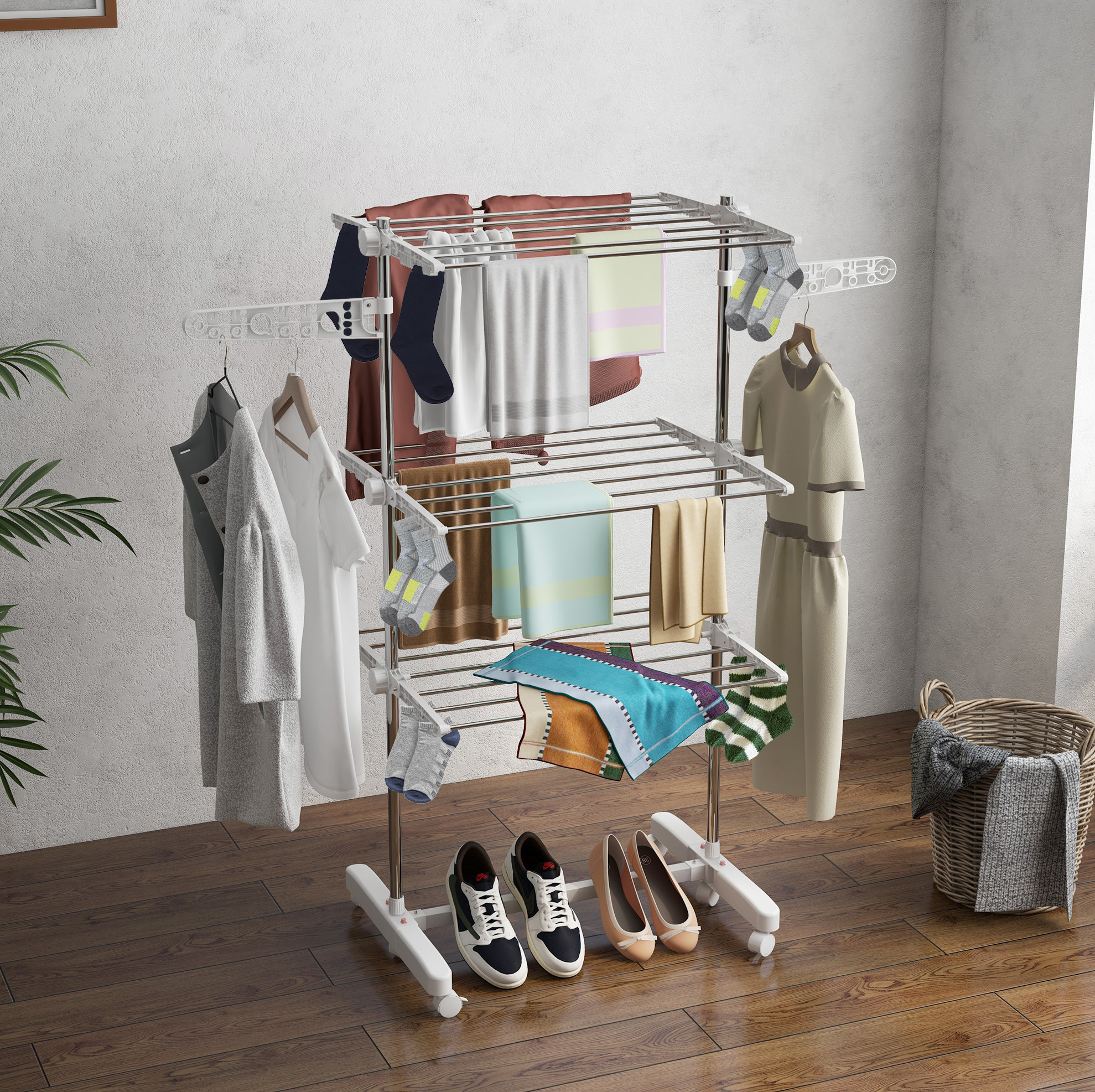 Klappbarer Wäscheständer Mit 3 Ebenen Und Rollen 142 X 55 X 152 Cm Weiß Havrya