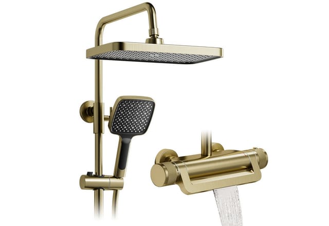 Duschsystem,Duschsäuleset 3in1 mit 330x220mm Regendusche,Duschsystem mit thermostat Gebürstetes Gold,360° Verstellbarer Regendusche Duschkopf,3 Modus