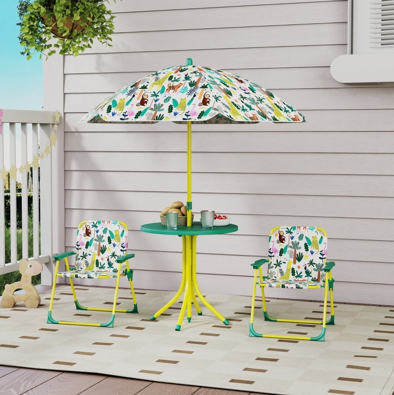 Meubliv Kinder-gartenset 4-teilig, Grün – Runder Tisch, Abnehmbarer Sonnenschirm, 2 Stühle
