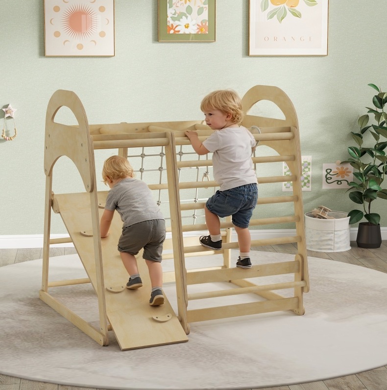 Meubliv Indoor-kletterspielplatz Aus Holz 6-in-1 Mit Umkehrbarer Rutsche, 3-6 Jahre