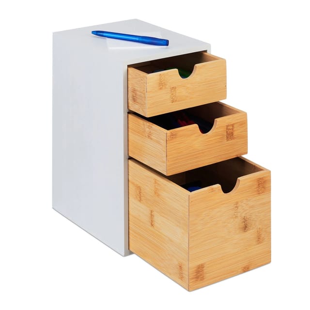 Relaxdays - Schubladenbox, Bambus & mdf, hbt: 28x17x21,5 cm, Mini-Kommode 3 Schubladen, Schreibtisch Organizer, natur/weiß