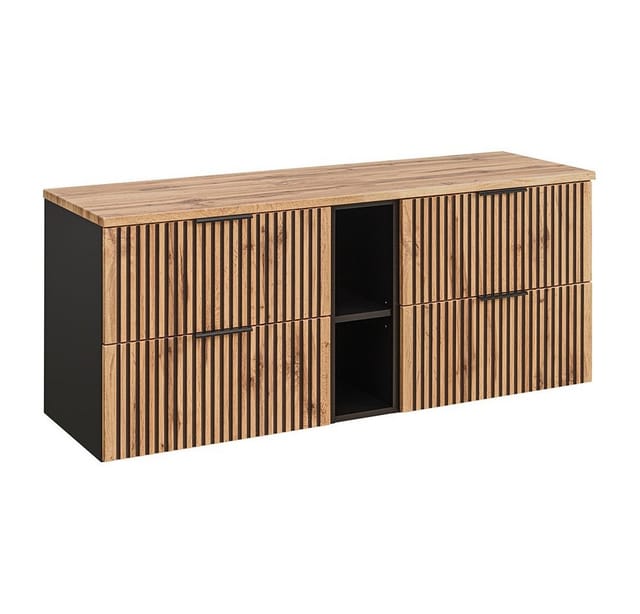 Lomadox - Waschbeckenunterschrank 140 cm mit Regal XANTEN-56 in anthrazit mit Eiche Nb. schwarz gerillt, b/h/t: ca. 140,6/59,2/46,5 cm