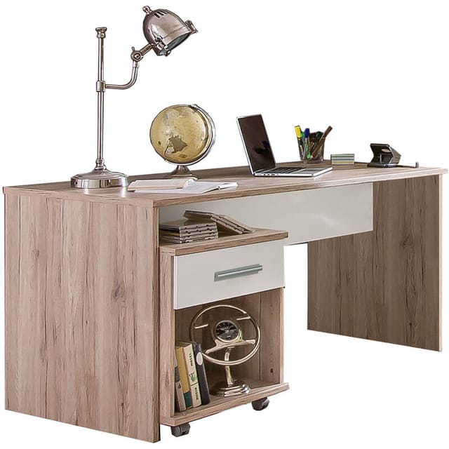 Jugendzimmer Schreibtisch mit Rollcontainer JOHANNESBURG-43 in Eiche Nb. mit weiß, b/h/t: ca. 140/72/70 cm