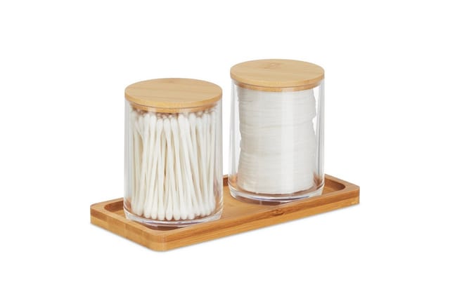 Wattestäbchenbehälter mit Tablett, 2 Becher m. Deckel, Kosmetik Organizer Kunststoff/Bambus, transparent/natur - Relaxdays