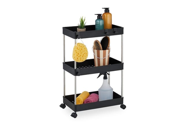 Relaxdays Nischenwagen, 3 Etagen, schmales Nischenregal für Küche & Bad, HxBxT: 62 x 41,5 x 23,5 cm, Rollregal, schwarz