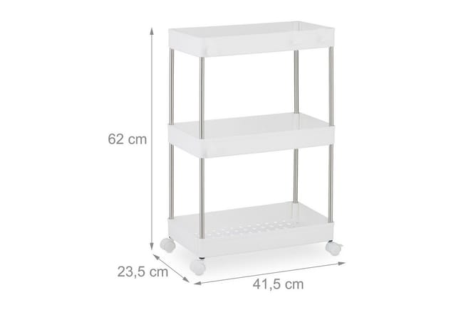 Nischenwagen, 3 Etagen, schmales Nischenregal für Küche & Bad, HxBxT: 62 x 41,5 x 23,5 cm, Rollregal, weiß - Relaxdays