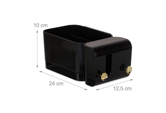 Relaxdays - Kosmetik Organizer, 4 Fächer und 2 Haken, Wattestäbchenbehälter, Klebe-Wandmontage, Kunststoff, schwarz/gold