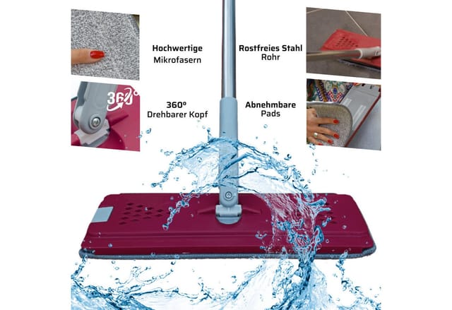 Essoreur Venteo Besen - Extra breiter Besen und 360° drehbarer Kopf - Eimer mit 2 Kammern Reinigen und Schleudern - 4 Mikrofasermopps