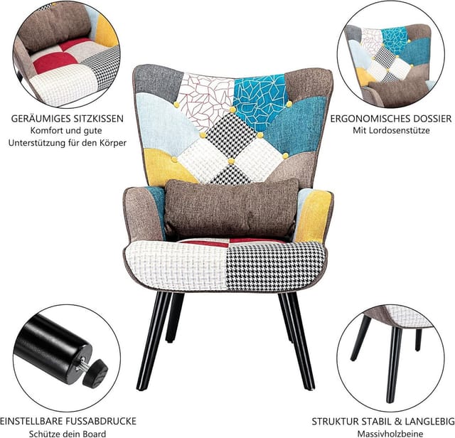 Homemiyn - Relaxsessel Mit Hocker Patchwork Sessel Ohrensessel Holz Sessel Wohnzimmer, Moderner Fernsehsessel Loungesessel Stuhl Patchwork Leinen Massivholzfüße Braun
