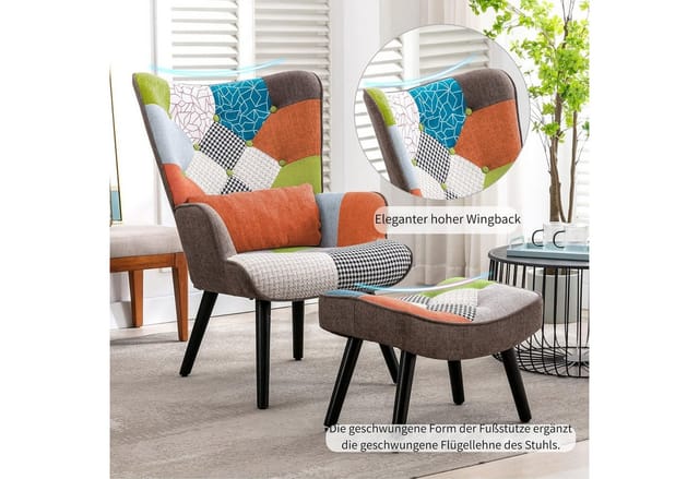 Relaxsessel Mit Hocker Patchwork Sessel Ohrensessel Holz Sessel Wohnzimmer, Moderner Fernsehsessel Loungesessel Stuhl Patchwork Leinen Massivholzfüße Orange Farbe