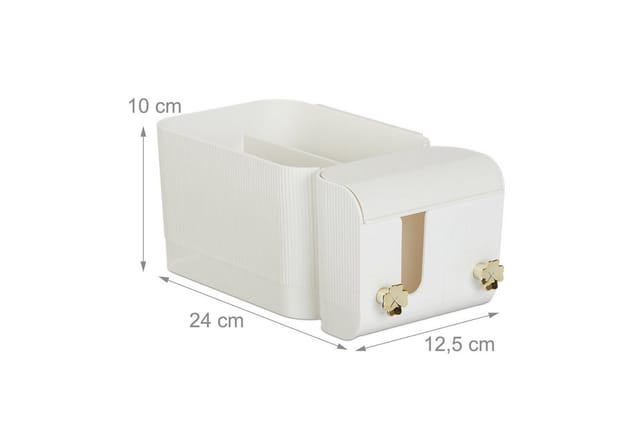 Kosmetik Organizer, 4 Fächer & 2 Haken, Wattestäbchenbehälter im Bad, Klebe-Wandmontage, Kunststoff, weiß/gold - Relaxdays