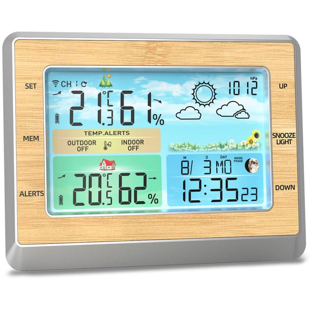 Wetterstation, Kabelloses Innen- Und Außenthermometer, 6-zoll-farb-led-display, Temperatur- Und Luftfeuchtigkeitsmonitor Mit Luftdruck, Usb-ladeanschluss, Mondphasen-komfortleiste, 4 Helligkeitsstufen