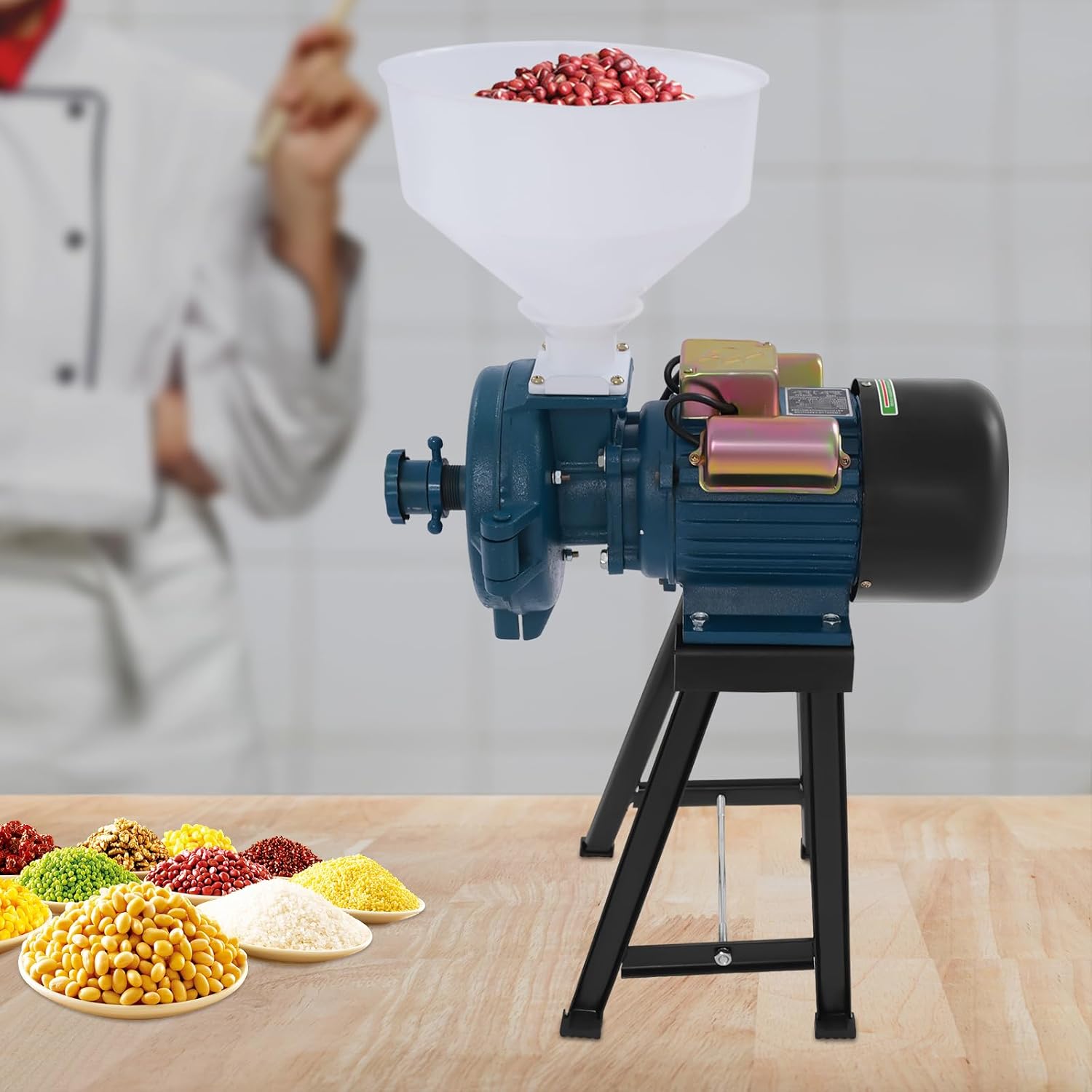 2200w Getreidemühle Elektrisch, 220v Schrotmühle Mit Trichter, Schrotmühle Zerkleinerer Für Mais, Reis, Weizen, Getreide Mühle, 1400 U/min, Blau, Schwarz