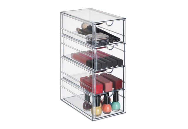 Relaxdays - Schubladenbox, 4 Fächer, Organizer für Make Up, Büro, Bastelsachen, Kunststoff, Schubladenturm, transparent