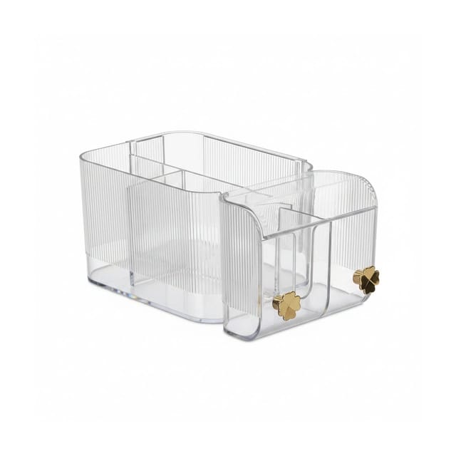 Kosmetik Organizer, 4 Fächer & 2 Haken, Wattestäbchenbehälter, Klebe-Wandmontage, Kunststoff, transparent/gold - Relaxdays