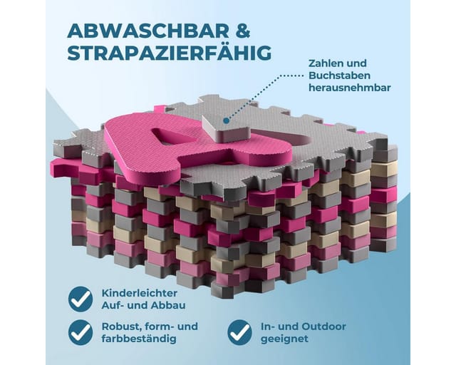 86-teilige Puzzlematte Baby Kinder 3,3m² Spielmatte Bodenschutzmatte Krabbelmatte Buchstaben Zahlen Abc Lernteppich Xxl Schaumstoff Pink - Spielwerk
