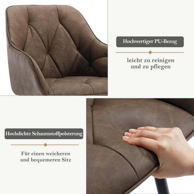 Esszimmerstühle 6er Set, Küchenstuhl Ergonomische, Loungesessel Polsterstuhl Mit Armlehnen Rückenlehne, Aus Vintage-kunstleder Metallbeine, Für Esszimmer, Wohnzimmer, Schlafzimmer, Dunkelbraun - Woltu