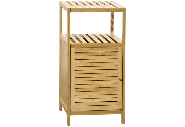 Badezimmerschrank Badschrank mit offenem Fach, Beistellschrank mit Kippschutz, Aufbewahrungsschrank für Badezimmer, Bambus, Natur, 33 x 35,5 x 67 cm