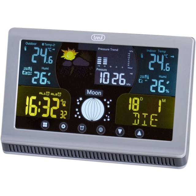 Trevi ME 3P70 RC-Wetterstation mit Außensensor und Touch-Bedienung, Thermometer, Luftfeuchtigkeit und Mondphasenanzeige, programmierbare Alarme mit