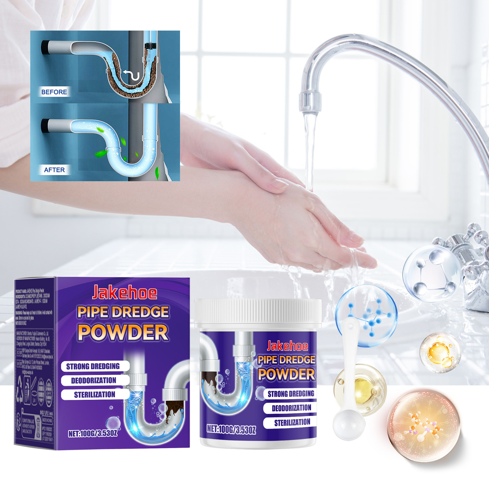 Abflussreinigungspulver Für Küche Und Bad – Verstopfungshemmendes, Desodorierendes Und Rohrreinigendes Pulver – 100 G + Löffel -- Biemmedue