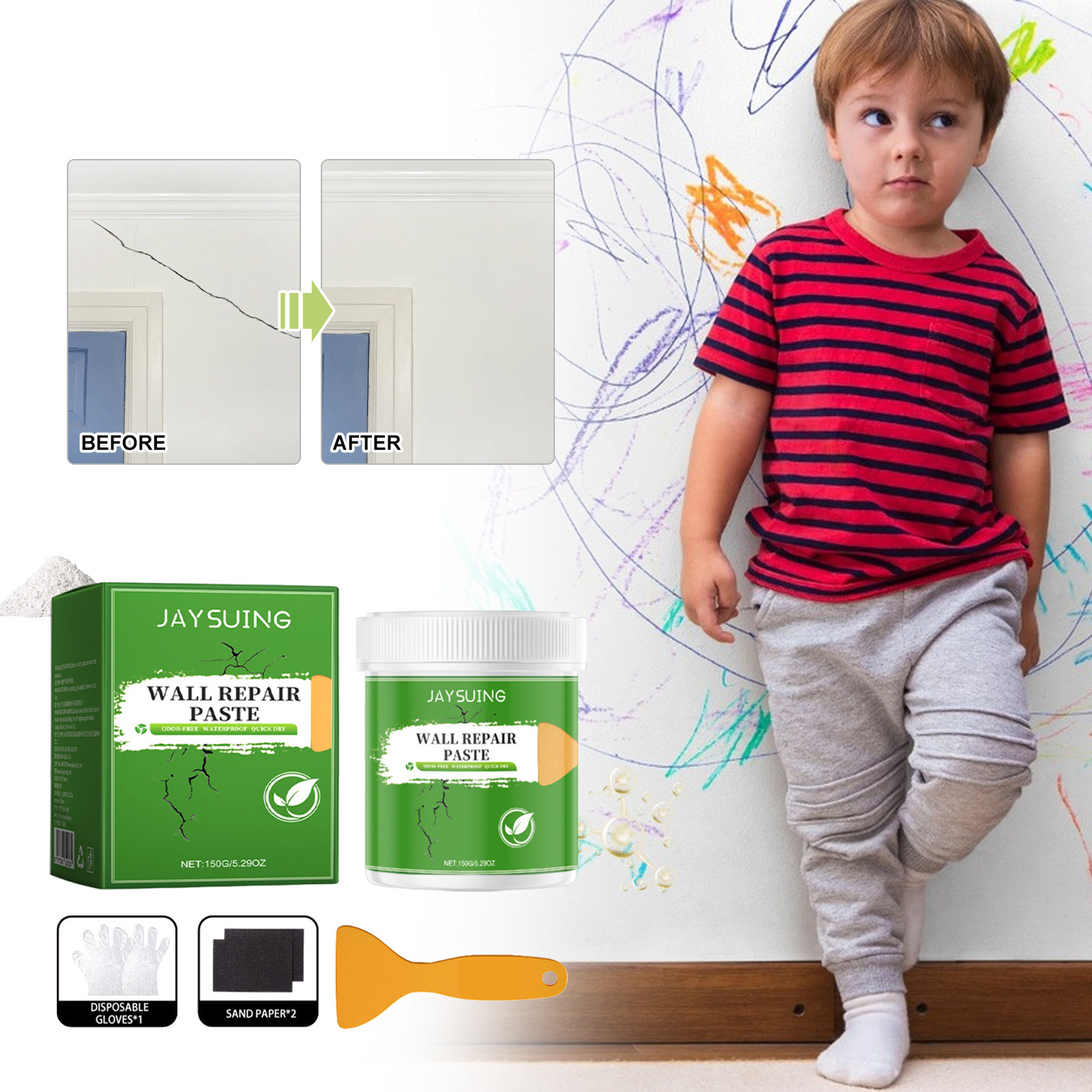 Wandreparaturpaste Für Den Heimgebrauch, Weiße Wände, Risse, Nagellöcher, Wasser- Und Schimmelbeständig – 150 G × 1 + Spachtel × 1 + Schleifpapier × 2 + Einweghandschuhe × 2 -- Biemmedue
