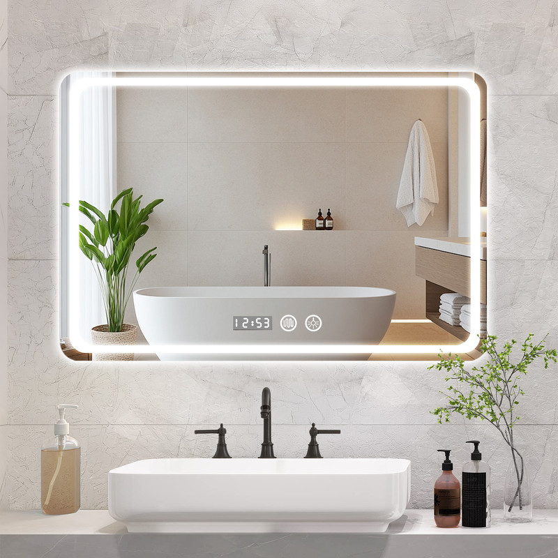 Beleuchteter Badezimmerspiegel – 100 X 80 Cm, Antibeschlag, Memory-funktion – Led-beleuchtung Vorne Und Hinten – Helles Weißes Licht – Spiegel Mit Zeitanzeige – 5 Mm Gehärtetes Glas – Flasidu