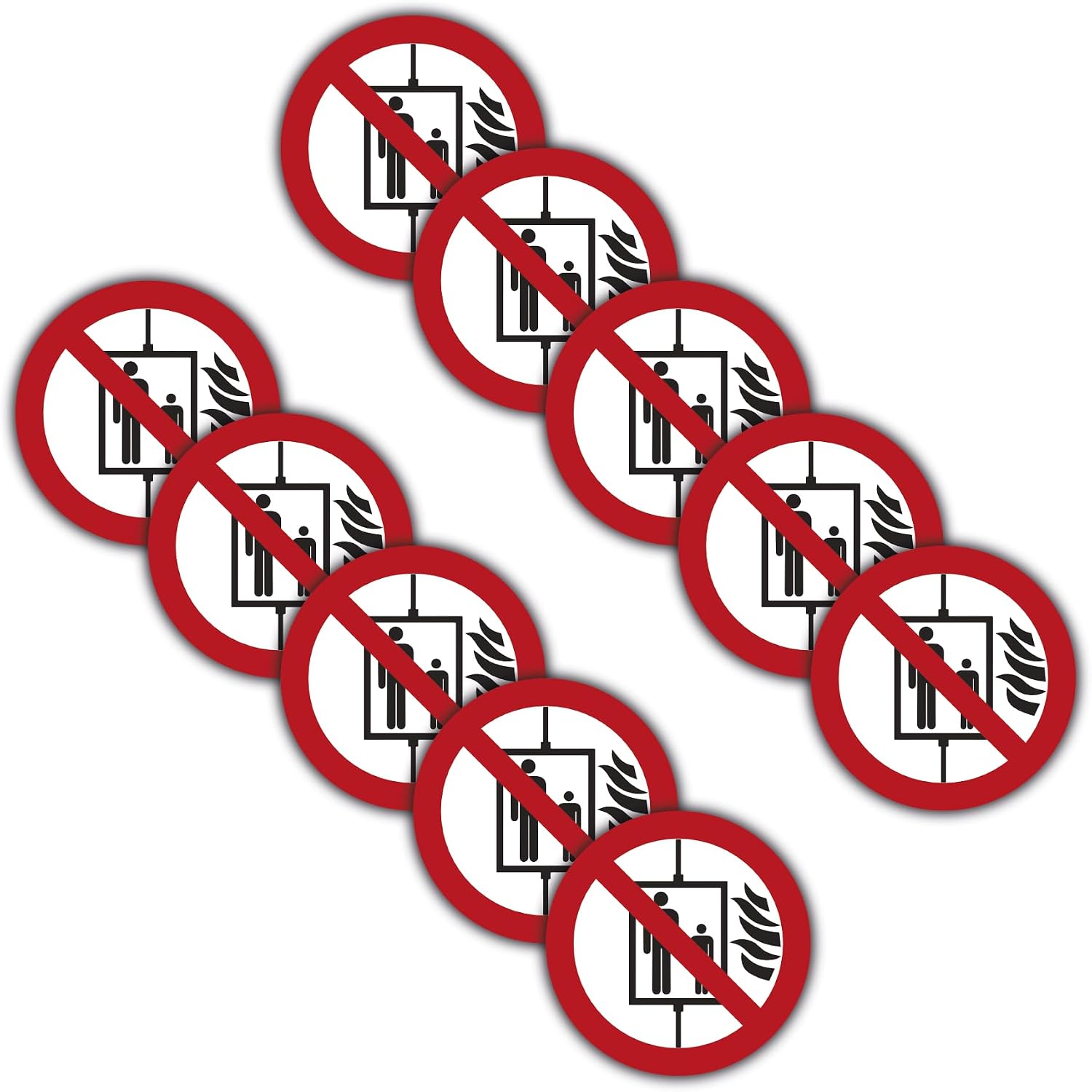 Aufzugsaufkleber „nicht Im Brandfall Verwenden“ (10er-packung), 9,5 Cm Durchmesser, Uv-beständig, Geeignet Für Den Innen- Und Außenbereich.