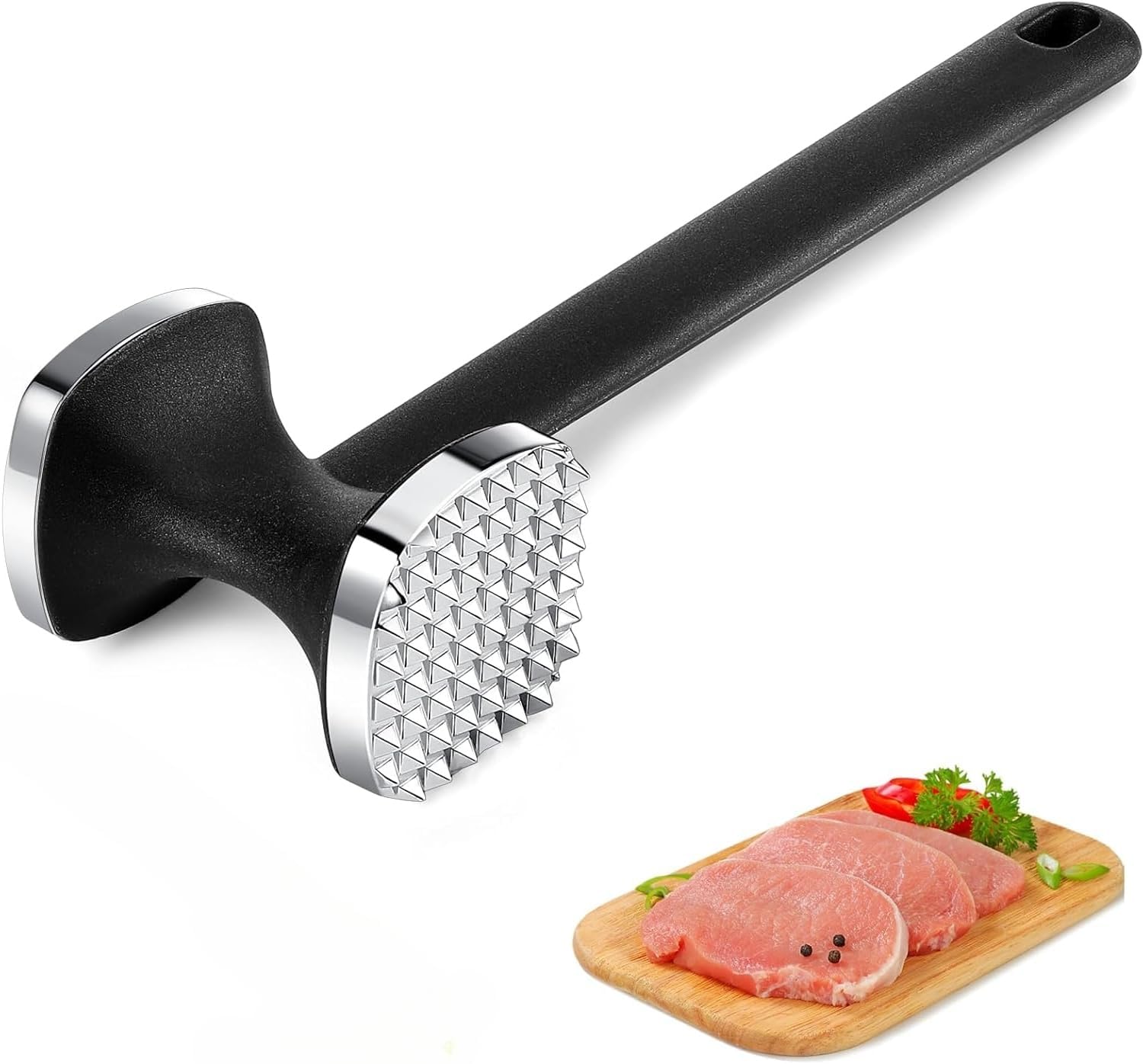 Antihaftbeschichteter Fleischklopfer Aus Edelstahl – Doppelseitiger Fleischklopfer (mit Rutschfestem Griff), Geeignet Für Hähnchen Und Steaks (silber)