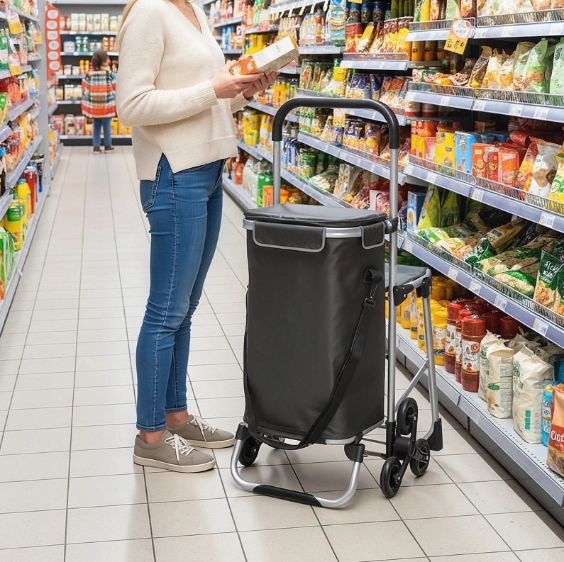 Klappbarer Einkaufstrolley Mit 3 Rädern, Oxford-tasche 40 L, Mit Sitz, Dunkelgrau Havrya