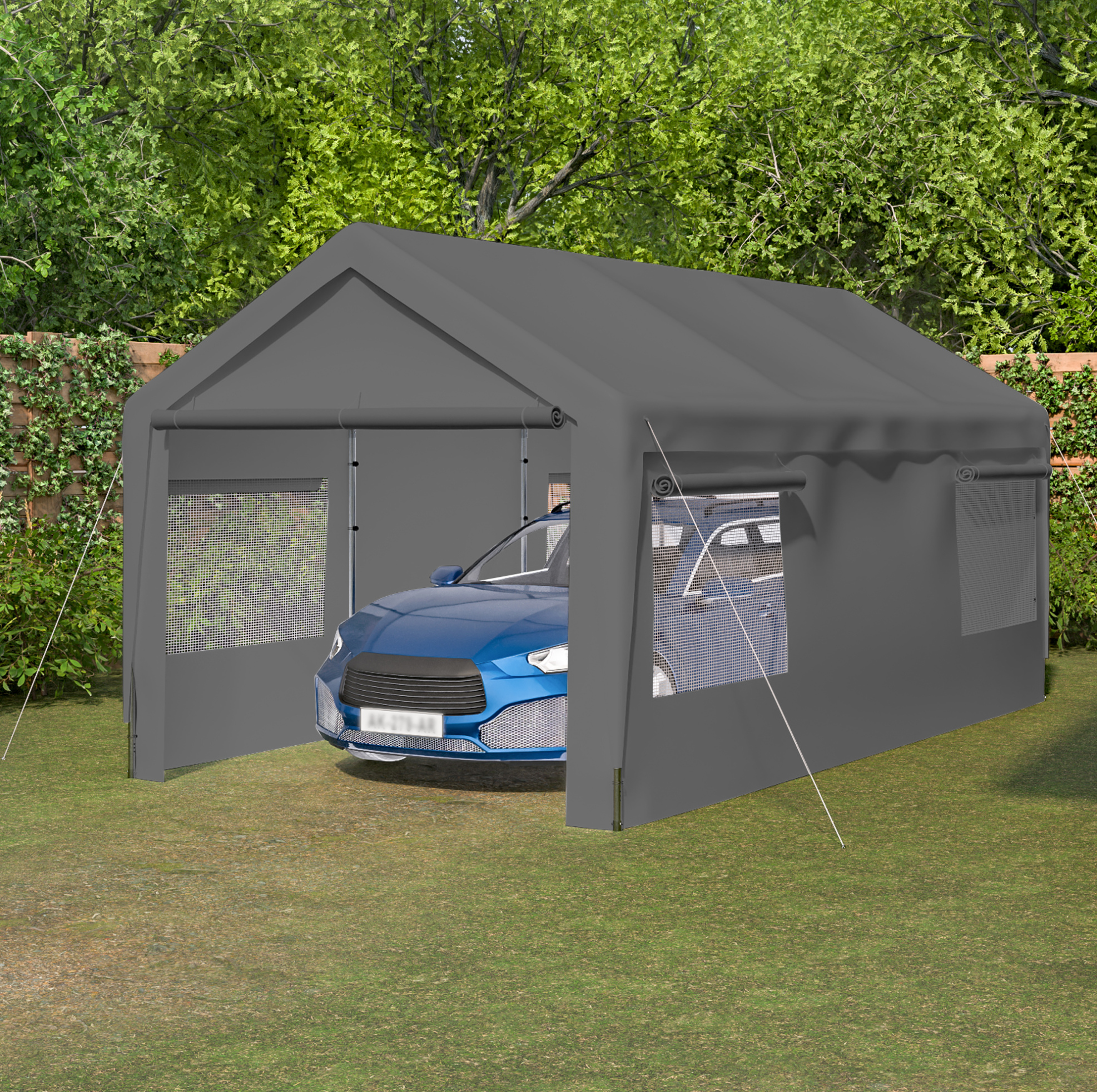 Carport-garage 3 X 6 M Grau Mit Rollfenstern, Abnehmbaren Seitenwänden Und Dach Havrya