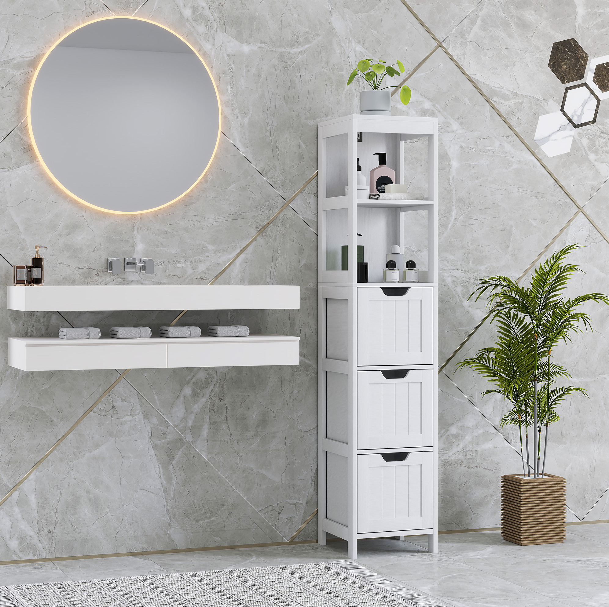 Badezimmer-hochschrank Weiß 30 X 30 X 142,4 Cm, 3 Schubladen, 2 Nischen, Mdf Havrya