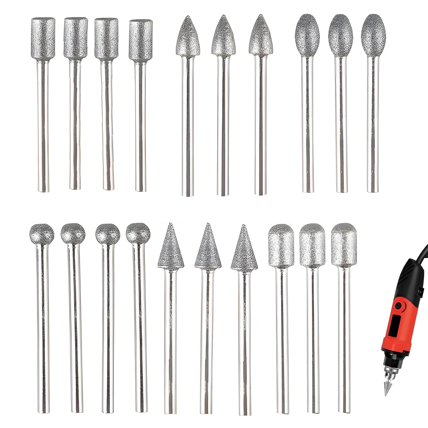 Diamant Fräser Set, 20 Stück Gravierstift Diamant Frässtifte Schleifstifte Kompatibel Mit Dremel Rotary Tool Zubehör Mit 1/8" Schaft, Für Stein Glas Keramik Schnitzen, Schleifen, Polieren, Gravieren