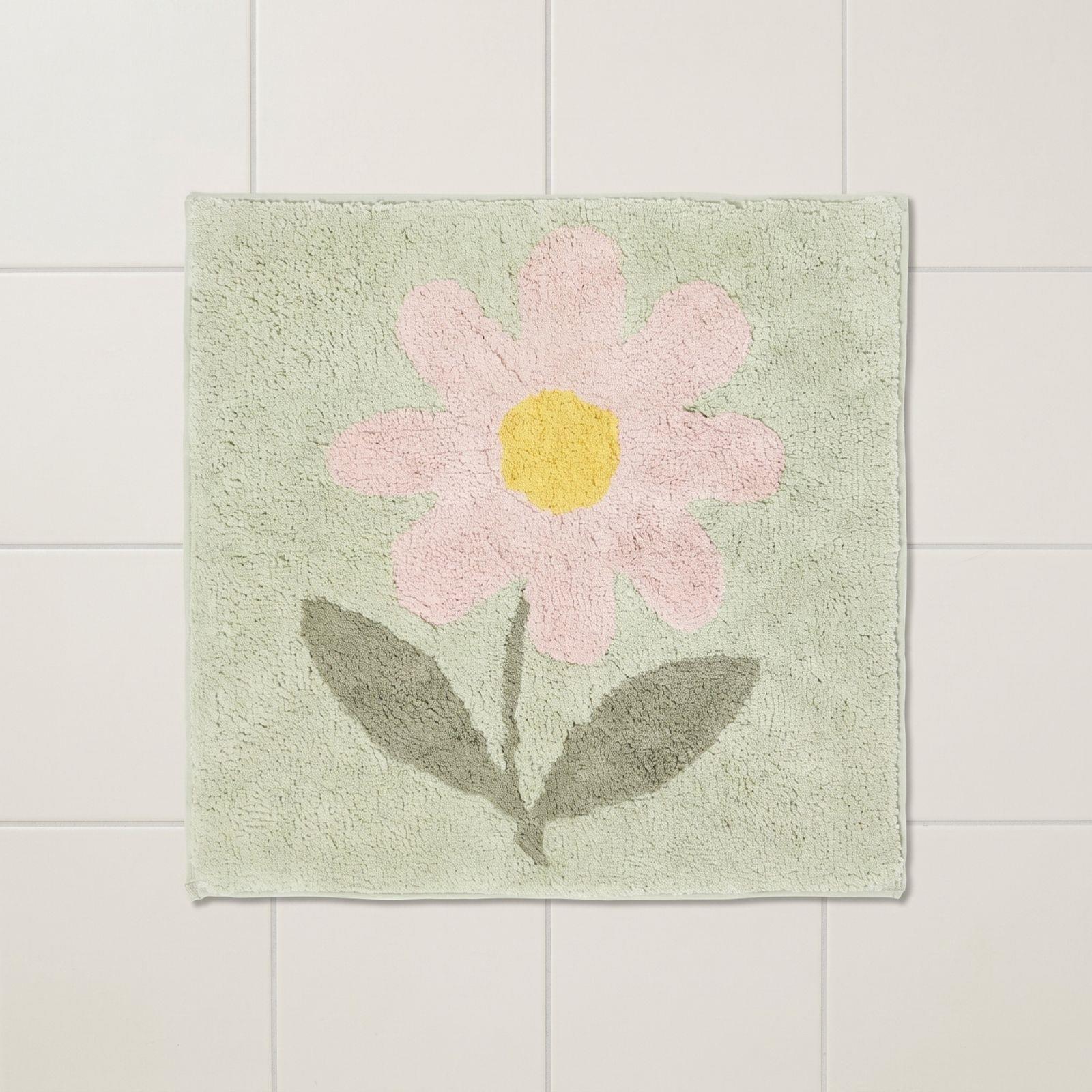 Homescapes Duschvorleger Blume 50 X 50 Cm – Badematte Aus 100 % Baumwolle, Grün-rosa