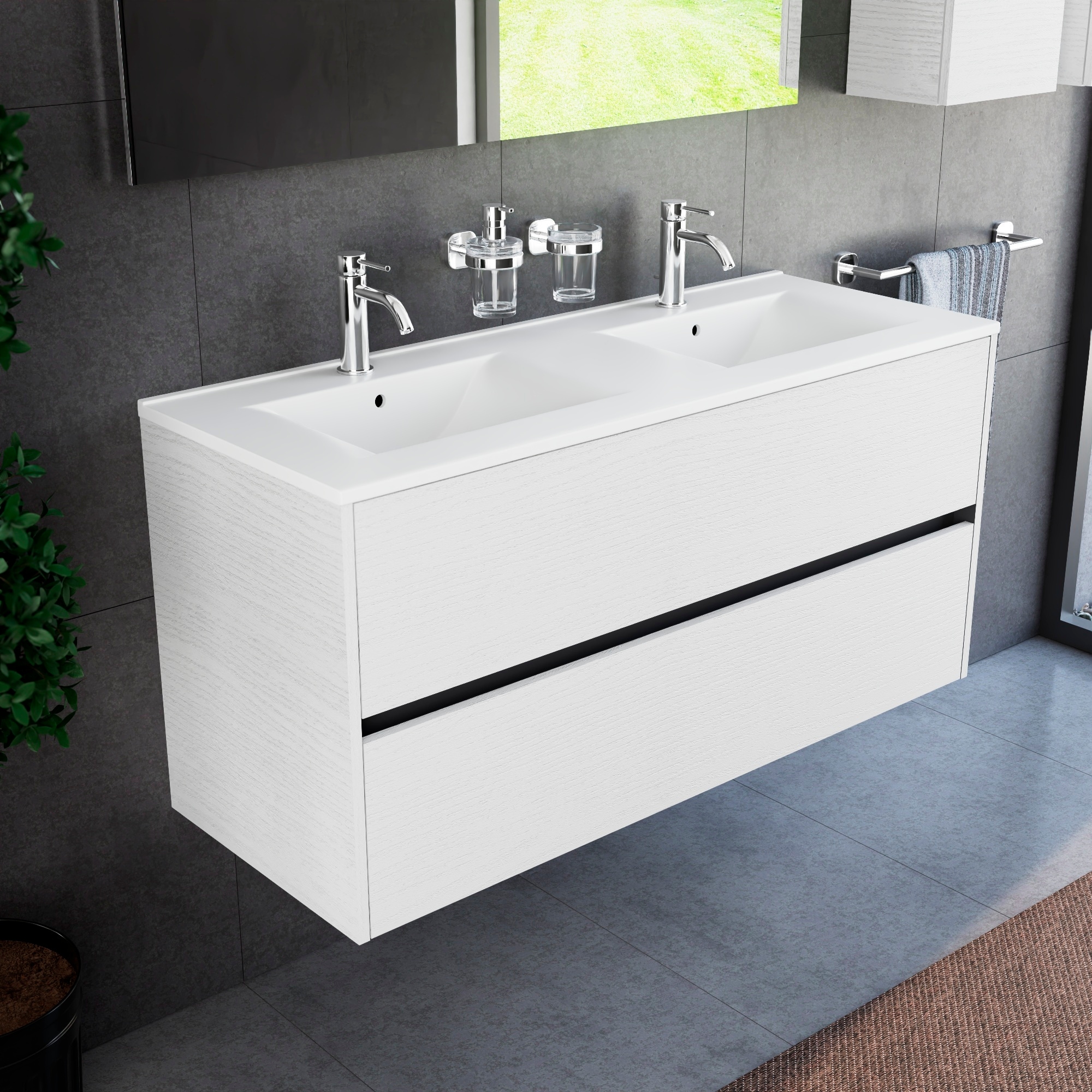 Inda - Badezimmerschrank 120 Cm Breiter, Weißer Diamante Olmo Mit 2 Schubladen Und Doppelwaschbecken Aus Keramik