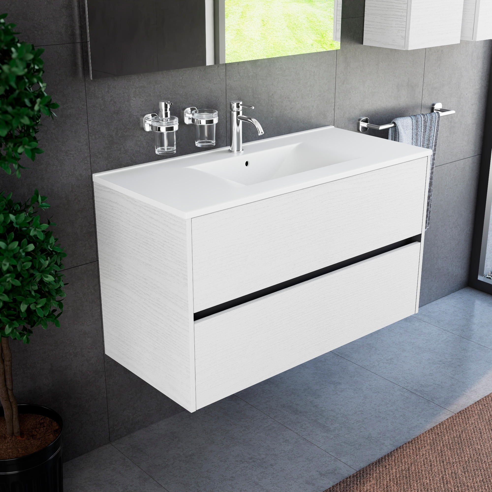 Inda - Badezimmerschrank 100 Cm Breiter, Weißer Diamante Olmo Mit 2 Schubladen Und Keramikwaschbecken