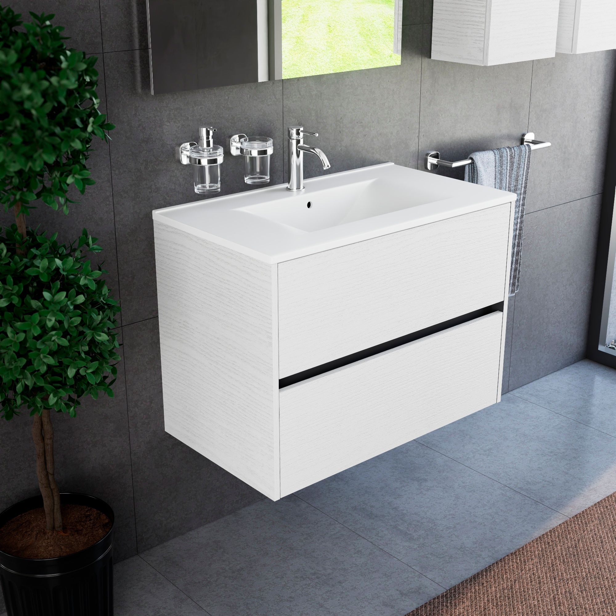 Inda - Badezimmerschrank 80 Cm Breiter, Weißer Diamante Olmo Mit 2 Schubladen Und Keramikwaschbecken