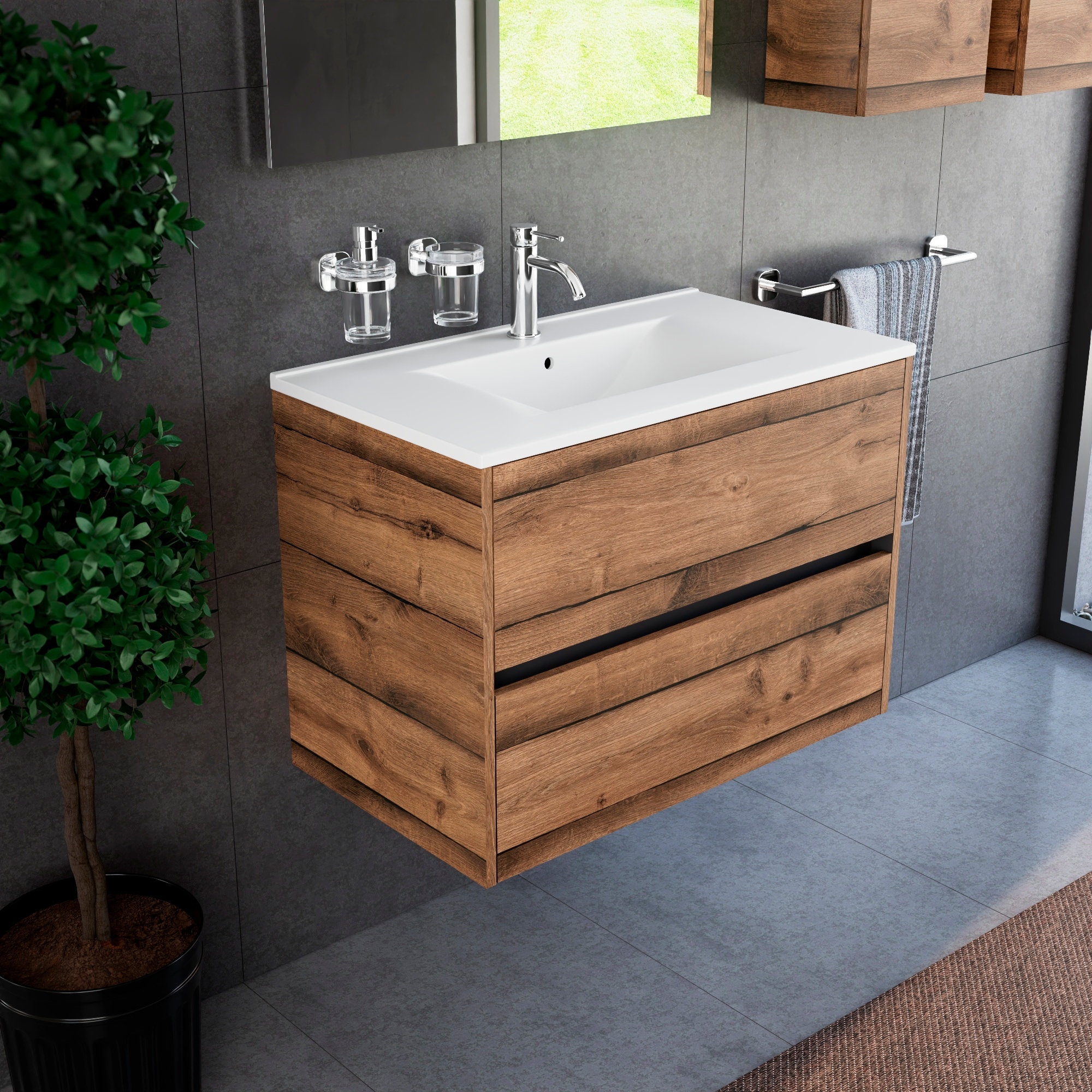 Inda - Badezimmerschrank 80 Cm Breiter Diamante-aus Antiker Eiche Mit 2 Schubladen Und Keramikwaschbecken