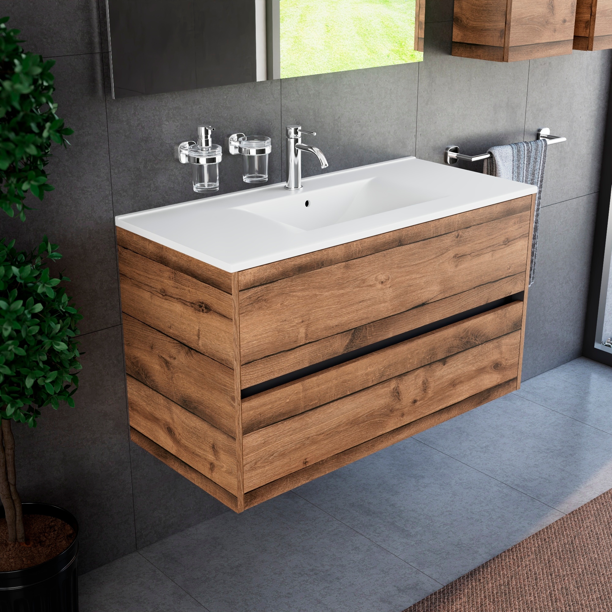 Inda - Badezimmerschrank 100 Cm Breiter Diamante-aus Antiker Eiche Mit 2 Schubladen Und Keramikwaschbecken