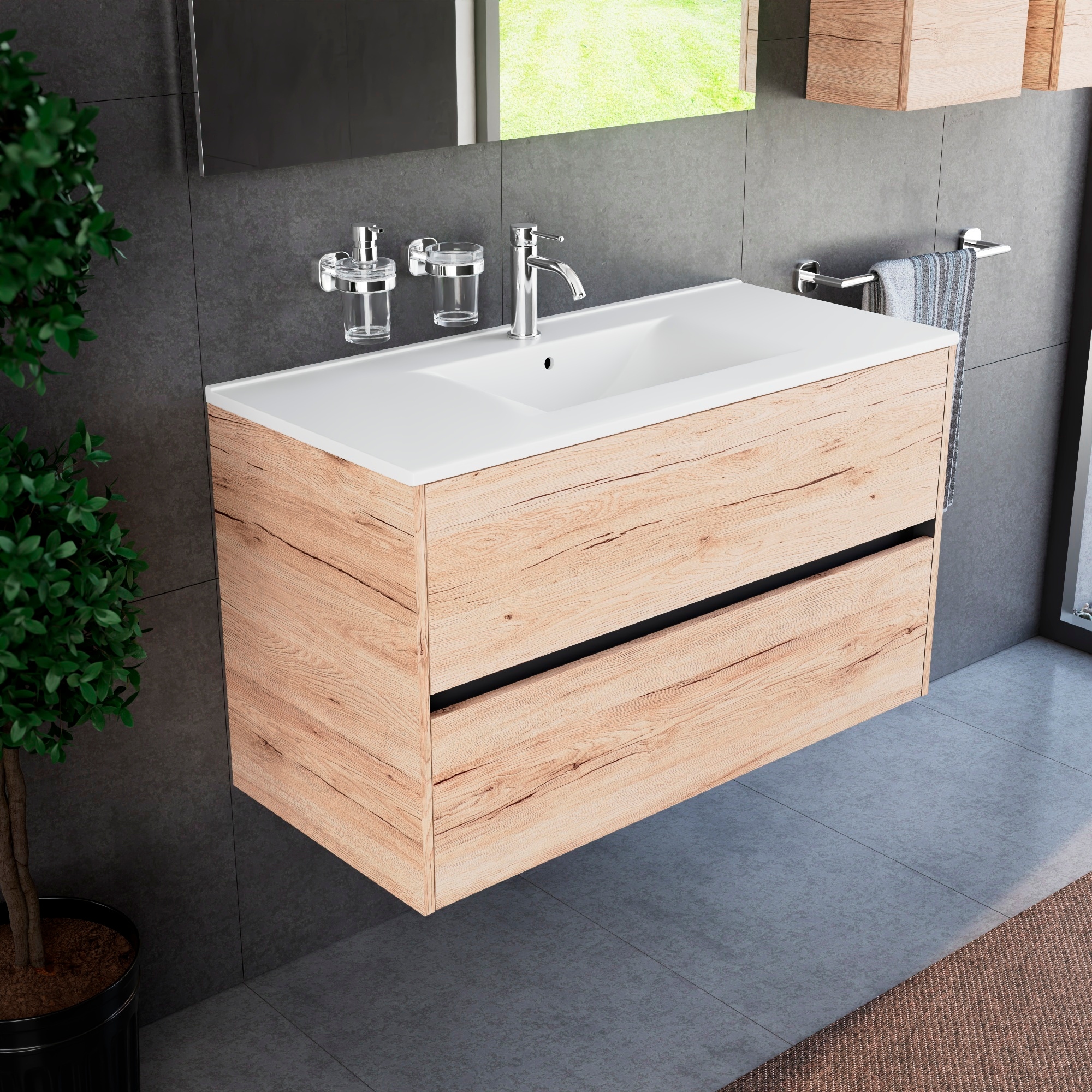 Inda - Badezimmerschrank 100 Cm Breiter Diamante Sanremo Eichen-mit 2 Schubladen Und Keramikwaschbecken