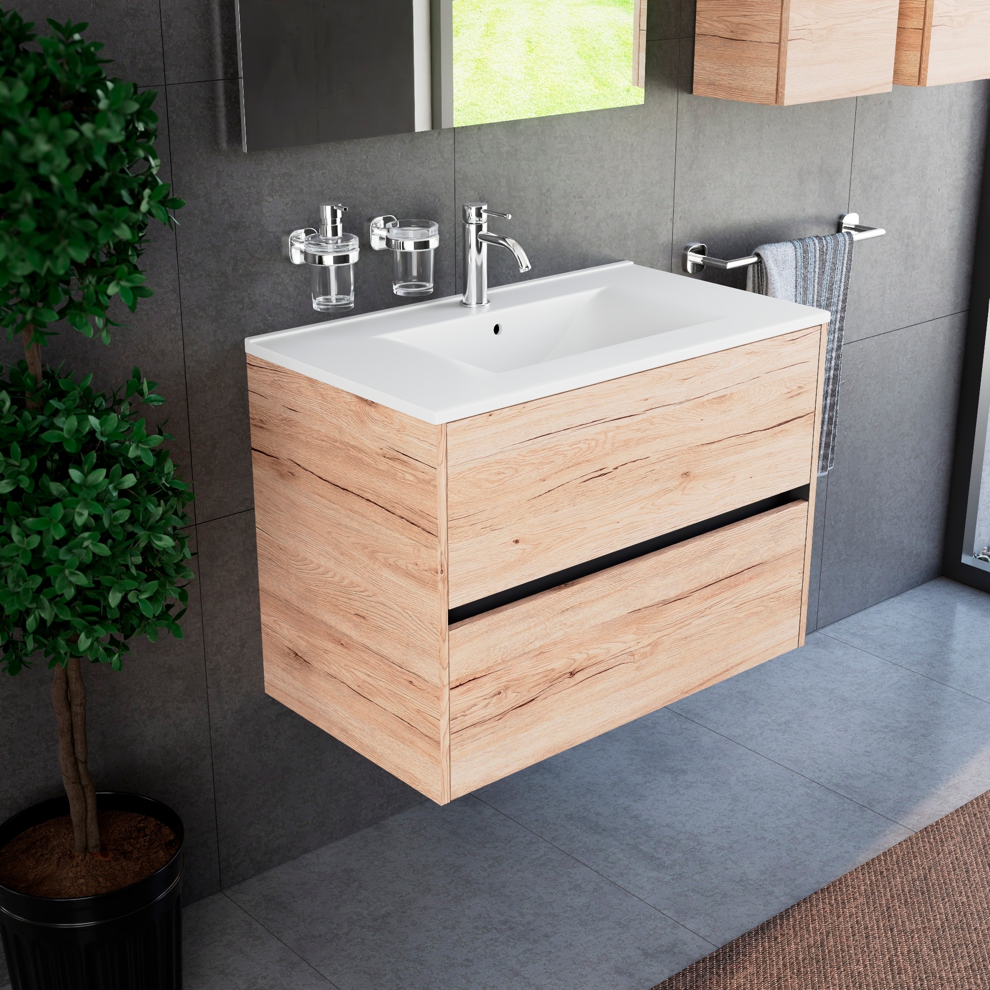 Inda - Badezimmerschrank 80 Cm Breiter Diamante Sanremo Eichen-mit 2 Schubladen Und Keramikwaschbecken