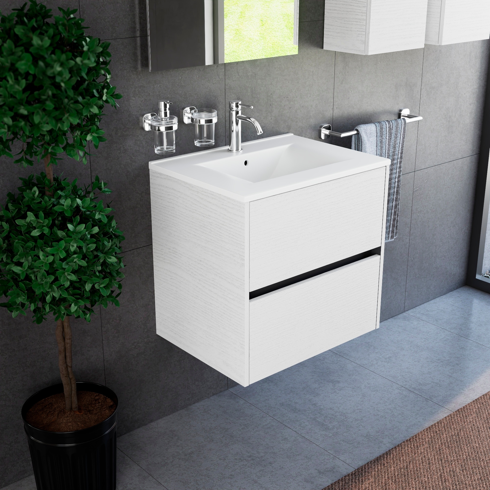 Inda - Badezimmerschrank 60 Cm Breiter, Weißer Diamante Olmo Mit 2 Schubladen Und Keramikwaschbecken